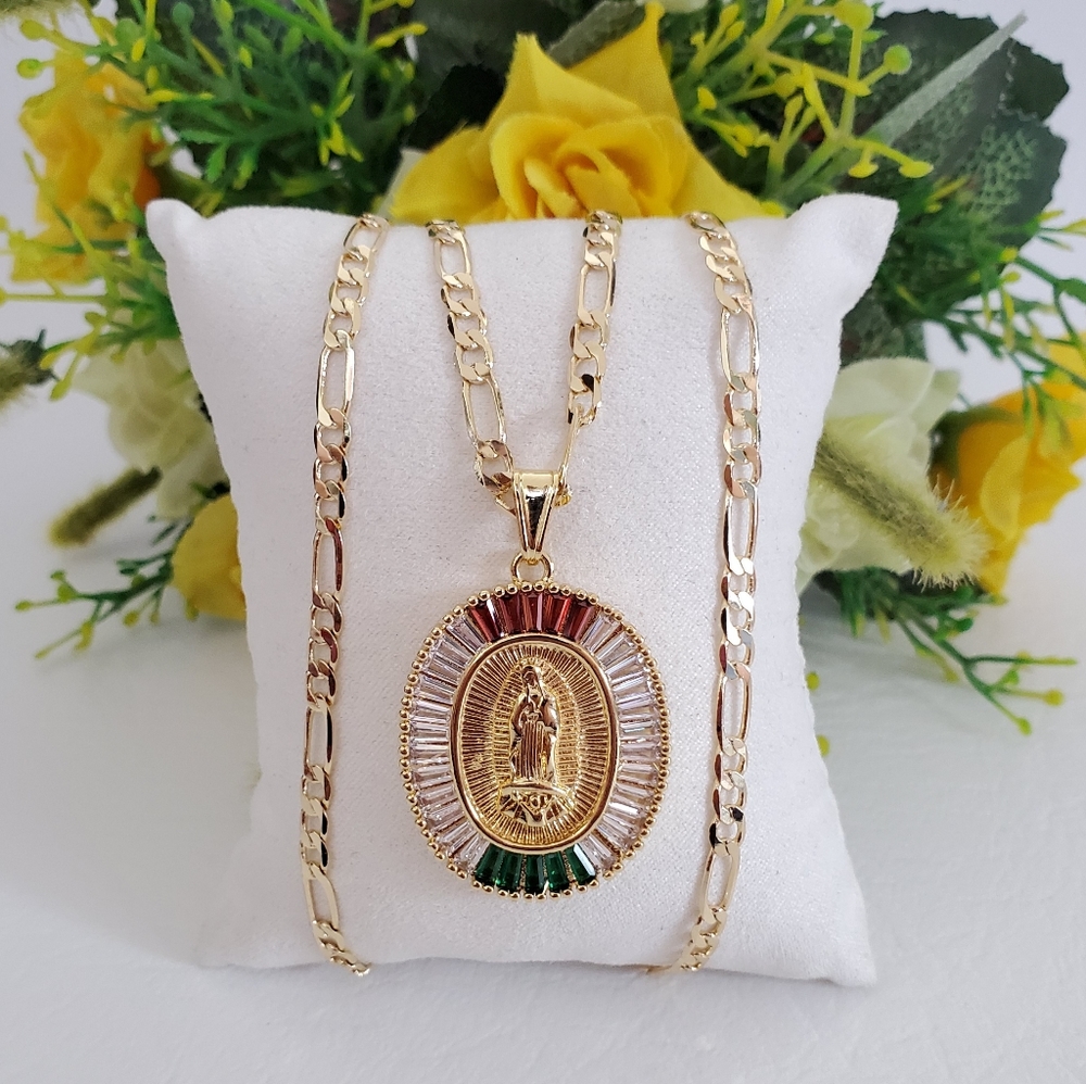 Lady of Guadalupe Zirconia Colored Gold Plated Necklace